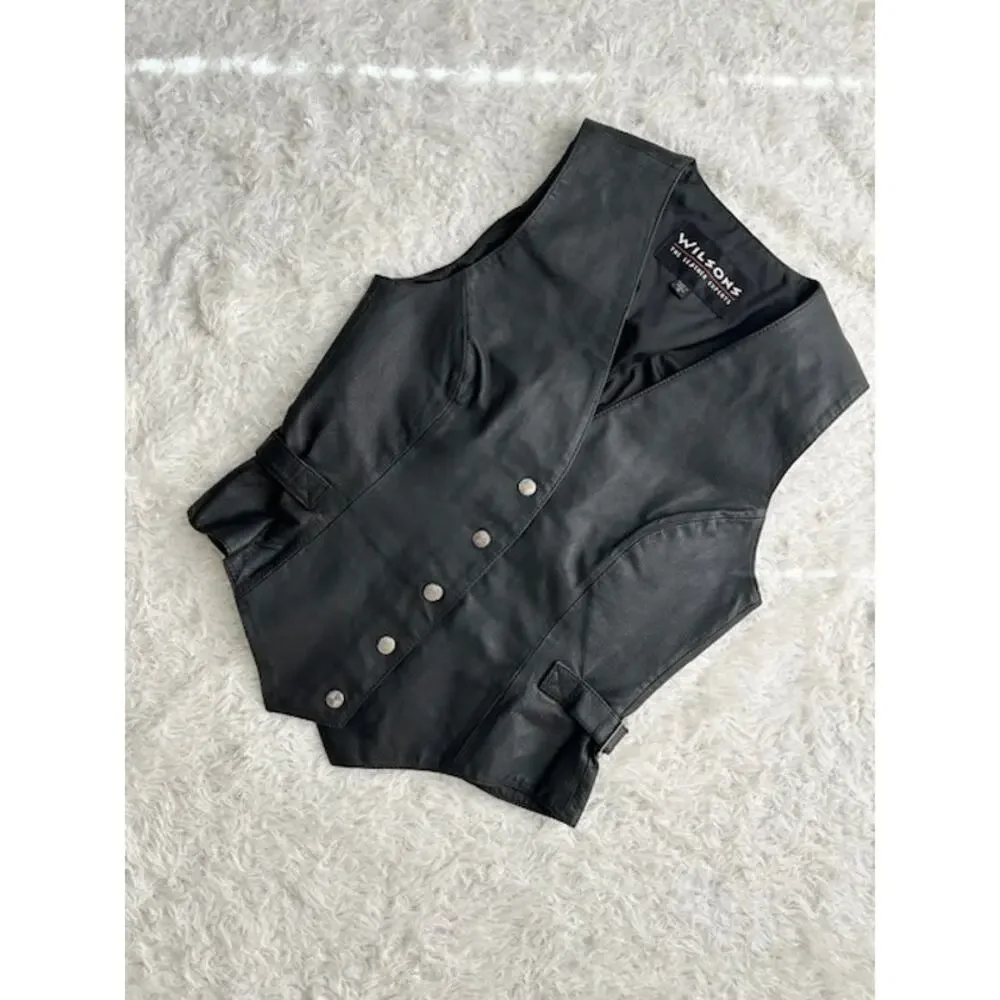 ❌SOLD❌ Wilsons Black Leather Snap Button Vest Size Small - Picture 1 of 11